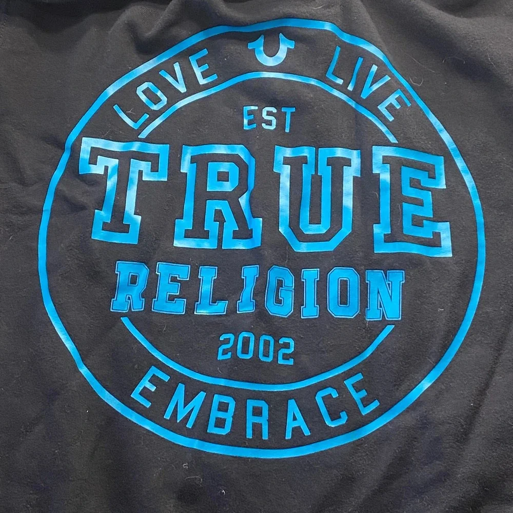 True Religion Mens XL Black Turquoise Lace Up Sleeveless Hoodie Graphic NEW